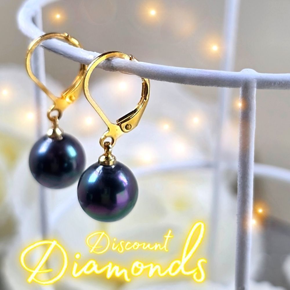 10mm Black South Sea Shell Pearl Leverback Earrings 14K Gold on 925 Silver - Picture 5 of 7
